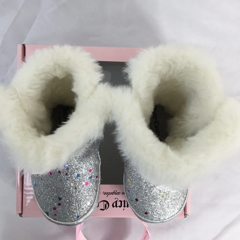 Juicy Couture Silver Glitter Sparkle Cerritos Boot Faux Fur Size 3m NEW In Box